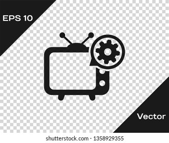 Grey Tv and gear icon isolated on transparent background. Television service concept. Adjusting app, setting options, maintenance, repair, fixing. Vector Illustration