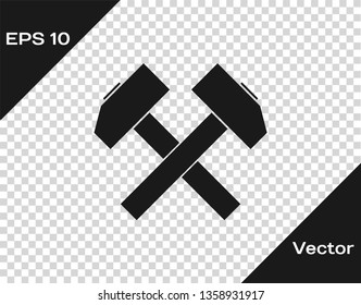 Grey Two crossed hammers icon isolated on transparent background. Tool for repair. Vector Illustration