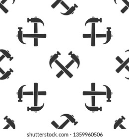 Grey Two crossed hammers icon isolated seamless pattern on white background. Tool for repair. Vector Illustration