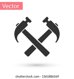 Grey Two crossed hammers icon isolated on white background. Tool for repair. Vector Illustration