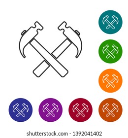 Grey Two crossed hammers line icon isolated on white background. Tool for repair. Set icon in color circle buttons. Vector Illustration