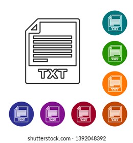 Grey TXT file document icon. Download txt button line icon isolated on white background. Text file extension symbol. Set icon in color circle buttons. Vector Illustration