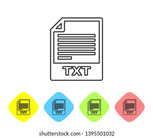 Grey TXT file document icon. Download txt button line icon isolated on white background. Text file extension symbol. Set icon in color rhombus buttons. Vector Illustration