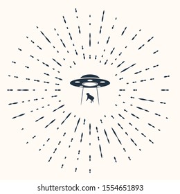 Grey UFO abducts cow icon isolated on beige background. Flying saucer. Alien space ship. Futuristic unknown flying object. Abstract circle random dots. Vector Illustration