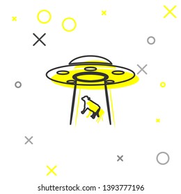 Grey UFO abducts cow line icon isolated on white background. Flying saucer. Alien space ship. Futuristic unknown flying object. Vector Illustration