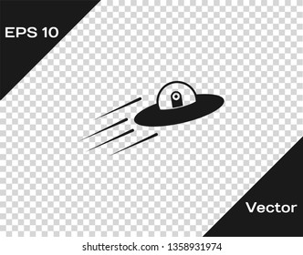 Grey UFO flying spaceship and alien icon isolated on transparent background. Flying saucer. Alien space ship. Futuristic unknown flying object. Vector Illustration