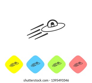 Grey UFO flying spaceship and alien line icon isolated on white background. Flying saucer. Alien space ship. Futuristic unknown flying object. Set icon in color rhombus buttons. Vector Illustration