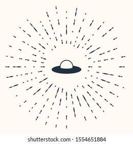 Grey UFO flying spaceship icon isolated on beige background. Flying saucer. Alien space ship. Futuristic unknown flying object. Abstract circle random dots. Vector Illustration