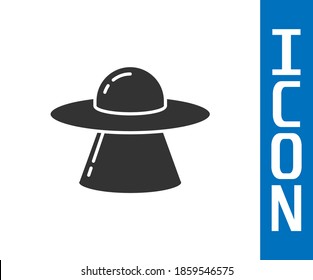 Grey UFO flying spaceship icon isolated on white background. Flying saucer. Alien space ship. Futuristic unknown flying object.  Vector