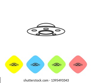 Grey UFO flying spaceship line icon isolated on white background. Flying saucer. Alien space ship. Futuristic unknown flying object. Set icon in color rhombus buttons. Vector Illustration