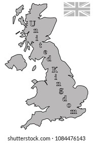 A grey UK map with with text and a grey UK flag Isolated on a white background