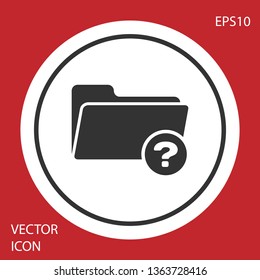 Grey Unknown directory icon isolated on red background. Magnifying glass and folder. Circle button. Vector Illustration