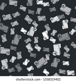 Grey Unknown directory icon isolated seamless pattern on black background. Magnifying glass and folder.  Vector Illustration