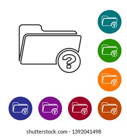 Grey Unknown directory line icon isolated on white background. Magnifying glass and folder. Set icon in color circle buttons. Vector Illustration