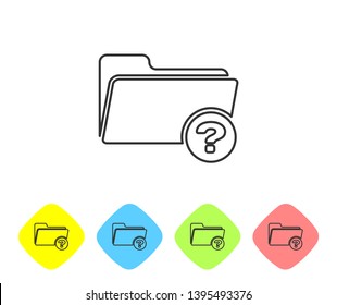 Grey Unknown directory line icon isolated on white background. Magnifying glass and folder. Set icon in color rhombus buttons. Vector Illustration