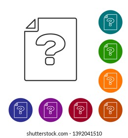 Grey Unknown document line icon isolated on white background. File with Question mark. Hold report, service and global search sign. Set icon in color circle buttons. Vector Illustration