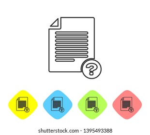 Grey Unknown document line icon isolated on white background. File with Question mark. Hold report, service and global search sign. Set icon in color rhombus buttons. Vector Illustration