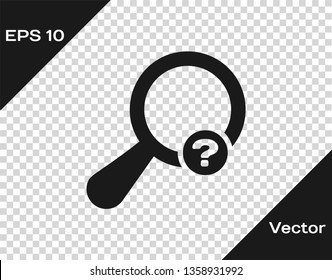 Grey Unknown search icon isolated on transparent background. Magnifying glass and question mark. Vector Illustration