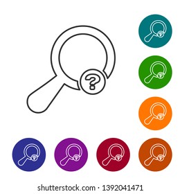 Grey Unknown search line icon isolated on white background. Magnifying glass and question mark. Set icon in color circle buttons. Vector Illustration