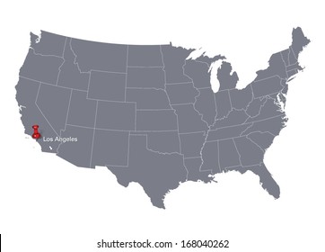grey USA map and push pin pointing at Los Angeles