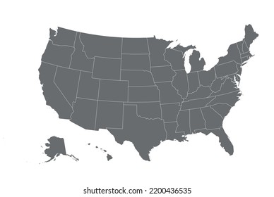 Grey USA map with states isolated on a white background. United States of America map. Vector illustration