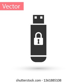 Grey USB flash drive with closed padlock icon isolated on white background. Security, safety, protection concept. Vector Illustration