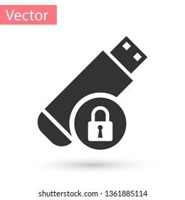 Grey USB flash drive with closed padlock icon isolated on white background. Security, safety, protection concept. Vector Illustration