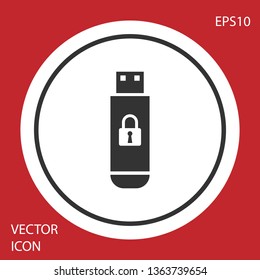 Grey USB flash drive with closed padlock icon isolated on red background. Security, safety, protection concept. White circle button. Vector Illustration