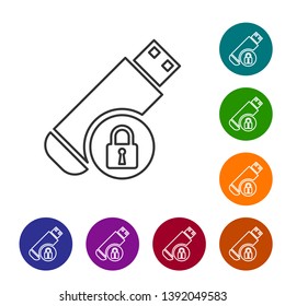 Grey USB flash drive with closed padlock line icon on white background. Security, safety, protection concept. Set icon in color circle buttons. Vector Illustration