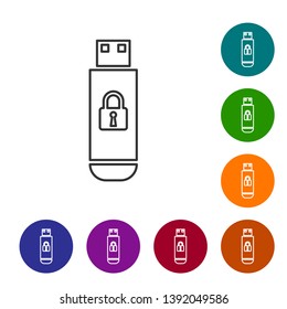 Grey USB flash drive with closed padlock line icon on white background. Security, safety, protection concept. Set icon in color circle buttons. Vector Illustration