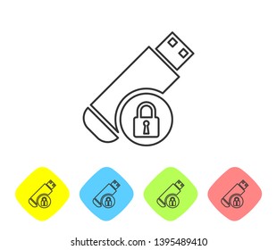 Grey USB flash drive with closed padlock line icon on white background. Security, safety, protection concept. Set icon in color rhombus buttons. Vector Illustration