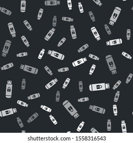 Grey USB flash drive with closed padlock icon isolated seamless pattern on black background. Security, safety, protection concept.  Vector Illustration