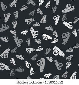 Grey USB flash drive with closed padlock icon isolated seamless pattern on black background. Security, safety, protection concept.  Vector Illustration