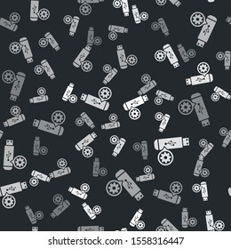 Grey USB flash drive and gear icon isolated seamless pattern on black background. Adjusting app, service concept, setting options, maintenance, repair, fixing.  Vector Illustration