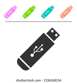 Grey USB flash drive icon isolated on white background. Set icon in color buttons. Vector Illustration