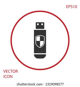 Grey USB flash drive and protection shield icon isolated on white background. Red circle button. Vector Illustration