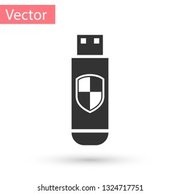 Grey USB flash drive and protection shield icon isolated on white background. Vector Illustration