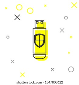 Grey USB flash drive and protection shield line icon isolated on white background. Vector Illustration
