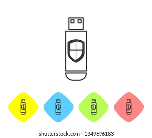 Grey USB flash drive and protection shield line icon isolated on white background. Set icon in color rhombus buttons. Vector Illustration
