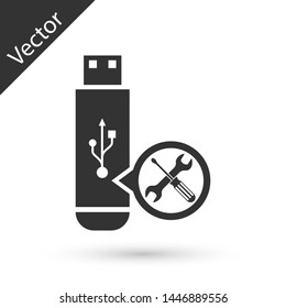 Grey USB flash drive with screwdriver and wrench icon isolated on white background. Adjusting, service, setting, maintenance, repair, fixing.  Vector Illustration