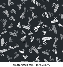 Grey USB flash drive with screwdriver and wrench icon isolated seamless pattern on black background. Adjusting, service, setting, maintenance, repair, fixing.  Vector Illustration