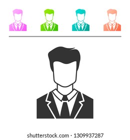 Grey User of man in business suit icon isolated on white background. Business avatar symbol - user profile icon. Male user sign. Set icon in color buttons. Vector Illustration