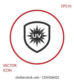 Grey UV protection icon isolated on white background. Sun and shield. Ultra violet rays radiation. SPF sun sign. Red circle button. Vector Illustration