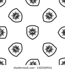 Grey UV protection icon isolated seamless pattern on white background. Sun and shield. Ultra violet rays radiation. SPF sun sign. Vector Illustration