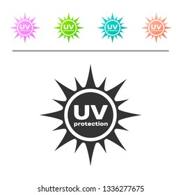 Grey UV protection icon isolated on white background. Ultra violet rays radiation. SPF sun sign. Set icon in color buttons. Vector Illustration
