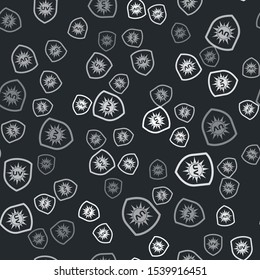 Grey UV protection icon isolated seamless pattern on black background. Sun and shield. Ultra violet rays radiation. SPF sun sign.  Vector Illustration