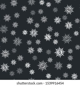 Grey UV protection icon isolated seamless pattern on black background. Ultra violet rays radiation. SPF sun sign.  Vector Illustration