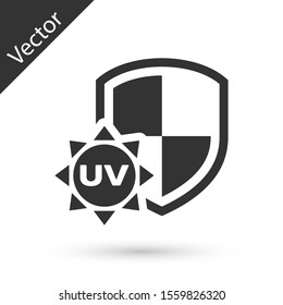 Grey UV protection icon isolated on white background. Sun and shield. Ultra violet rays radiation. SPF sun sign.  Vector Illustration