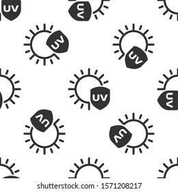 Grey UV protection icon isolated seamless pattern on white background. Sun and shield. Ultra violet rays radiation. SPF sun sign.  Vector Illustration