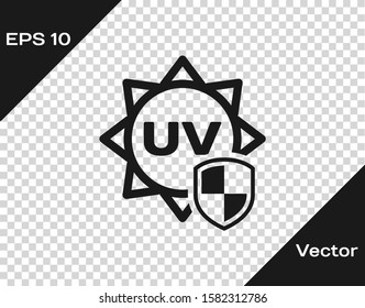 Grey UV protection icon isolated on transparent background. Sun and shield. Ultra violet rays radiation. SPF sun sign.  Vector Illustration